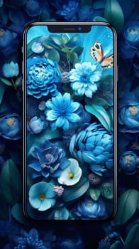 Smartphone screen: Mobile phone with blue flowers and butterflies on the screen. Floral background