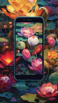 Smartphone screen: Water lilies on the background of the pond with a smartphone.