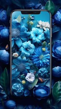 Smartphone screen: Smartphone with blue flowers on the screen. Floral background.