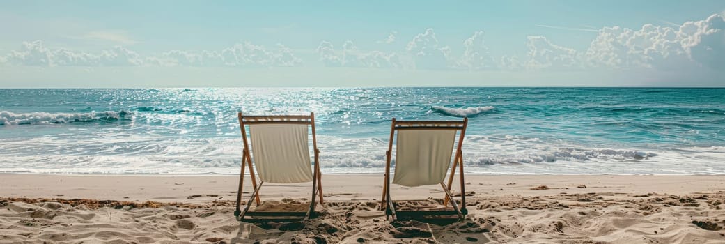 Two beach chairs are on the sand, facing the ocean by AI generated image.