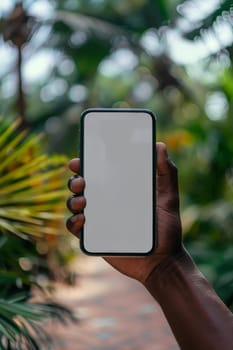 A person is holding a phone with a white screen. The phone is a new model and he is a high-end device