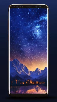 Smartphone screen: Smartphone with night sky with stars and village on the background.