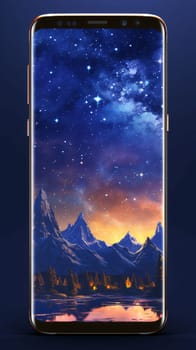 Smartphone screen: Smartphone with a view of the mountains and the starry sky