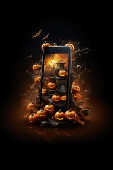 Smartphone screen: Halloween mobile phone with scary pumpkins on dark background 3D rendering