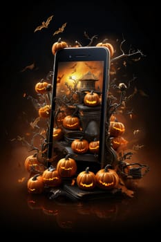 Conceptual Halloween image featuring a smartphone with pumpkins, bats, and a spooky house. A digital blend of fantasy and technology.