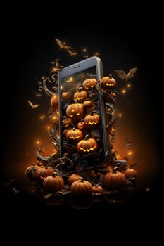 Smartphone screen: Halloween holiday background with mobile phone and pumpkins. Vector illustration.