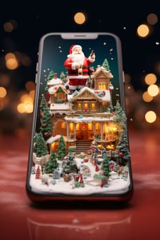 Smartphone screen: Smartphone with christmas village on screen. Christmas and New Year concept.