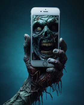 Smartphone screen: Zombie hand holding smart phone on dark background. Halloween concept.