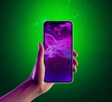 Smartphone screen: Female hand holding modern smartphone with abstract purple and blue smoke on green background
