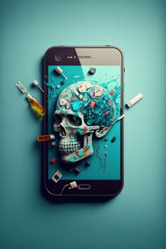 Smartphone screen: Smartphone with skull on the screen. 3d illustration. Vintage style.
