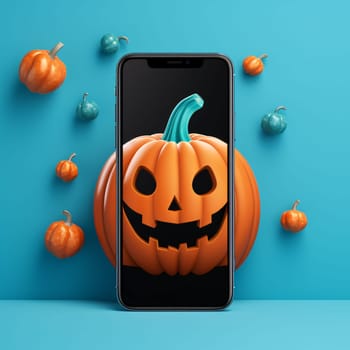 Smartphone screen: Halloween smartphone with pumpkin on blue background. 3D illustration.
