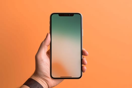 Smartphone screen: male hand holds a smartphone with a green screen on an orange background