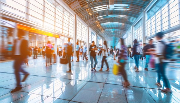 A busy airport with people walking around and carrying luggage by AI generated image.