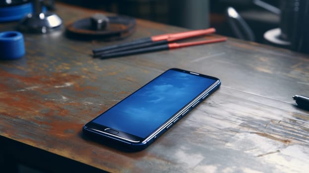 Smartphone screen: Smartphone with blue screen on wooden table in cafe. Close up.