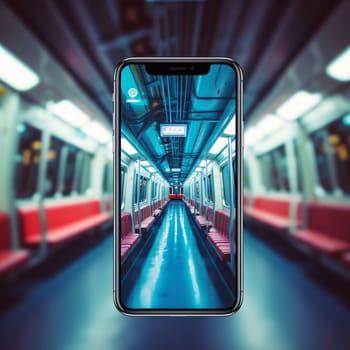 Smartphone screen: Modern mobile phone on the background of a subway car, toned image