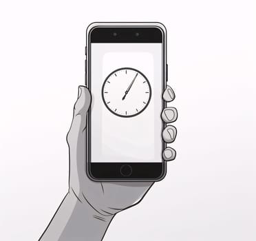 Smartphone screen: hand holding a mobile phone with the clock on the screen, vector illustration