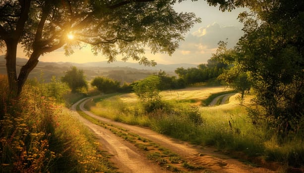 A road in the countryside with trees in the background by AI generated image.