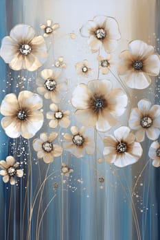 A vertical canvas presenting a bouquet of stylized flowers in shades of white and beige with delicate silver accents and subtle blue background