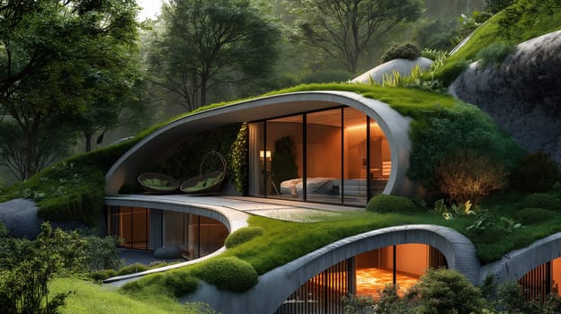 A modern eco-friendly house with a living green roof is seamlessly integrated into a verdant landscape, boasting large glass windows that reveal its warm interior lighting - Generative AI