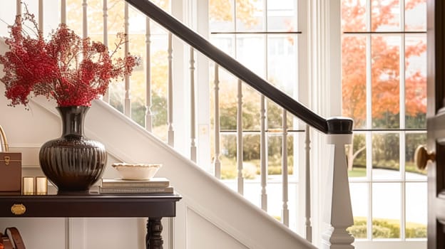 Autumnal hallway decor, interior design and house decoration, welcoming autumn entryway furniture, stairway and entrance hall home decor in an English country house and cottage style idea