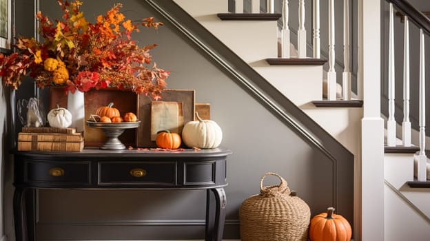 Autumnal hallway decor, interior design and house decoration, welcoming autumn entryway furniture, stairway and entrance hall home decor in an English country house and cottage style idea