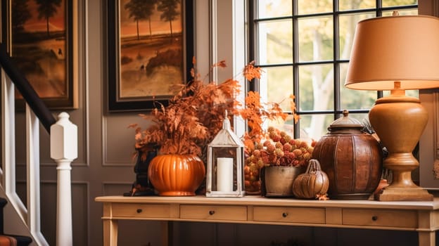 Autumnal hallway decor, interior design and house decoration, welcoming autumn entryway furniture, stairway and entrance hall home decor in an English country house and cottage style idea