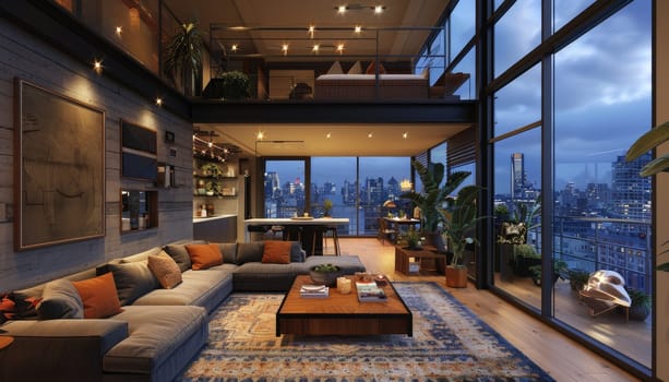 A large, modern living room with a view of the city by AI generated image.