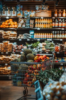 A shopping cart full of fruits and vegetables in a grocery store.