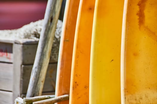 Bright yellow surfboards lined up, evoking rugged adventure and the joy of beach life, under sunlit skies.