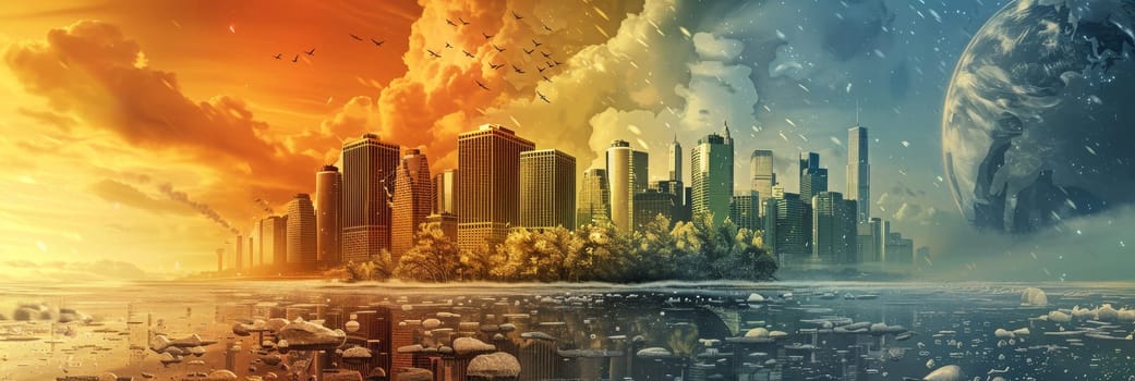 A city skyline is shown with a bright orange sun in the background by AI generated image.