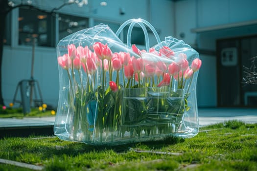 A bag filled with pink flowers is sitting on a grassy area. The bag is made of clear plastic and is filled with tulips. The flowers are arranged in a way that they are visible through the bag