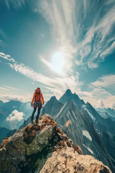 A person is standing on a mountain top, looking out at the beautiful landscape by AI generated image.