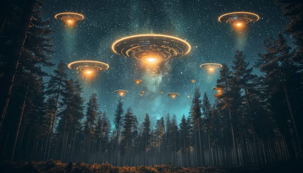 A group of alien spaceships are flying through a forest at night by AI generated image.