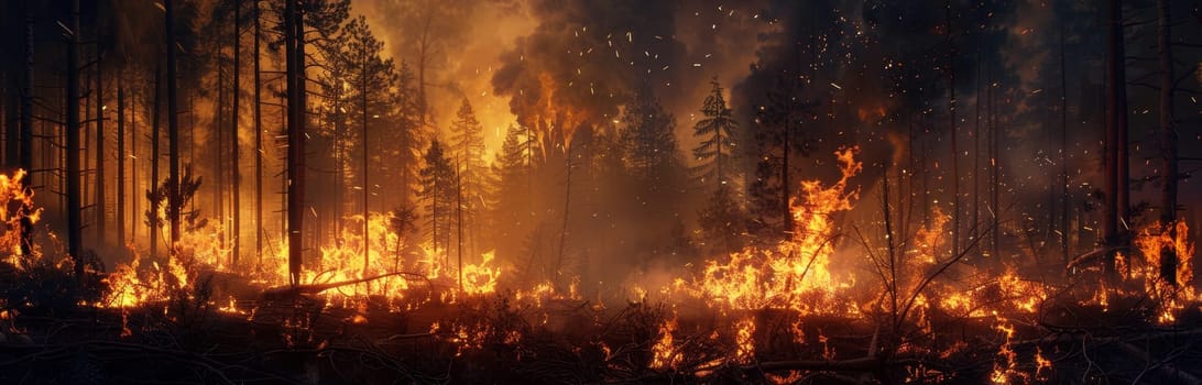 A forest fire is burning in the woods by AI generated image.