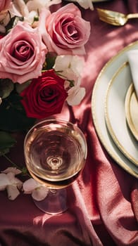 Elegant tablescape, formal dinner table setting with red roses and wine, elegant table decor for wedding, dinner party and holiday event decoration, home styling idea