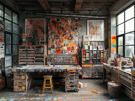 Eclectic artist's studio with vibrant artwork and a variety of materials