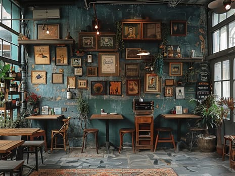 Eclectic bistro with mismatched furniture and a collection of art
