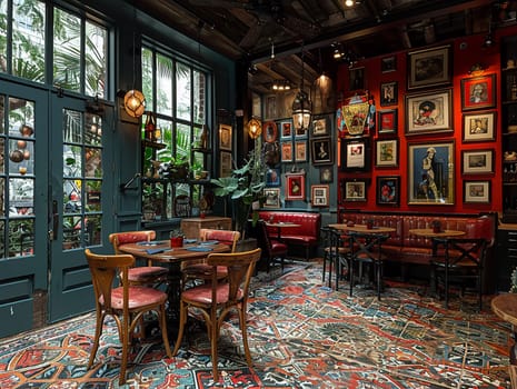 Eclectic bistro with mismatched furniture and a collection of art