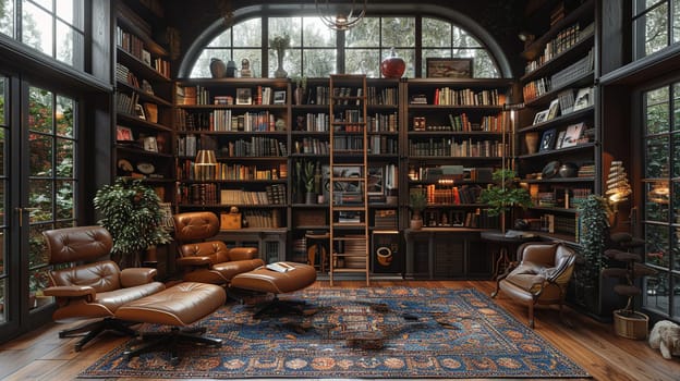 Moody home library with dark shelves, a ladder, and a comfortable leather chair