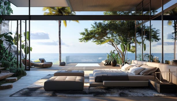 A large bedroom with a view of the ocean by AI generated image.