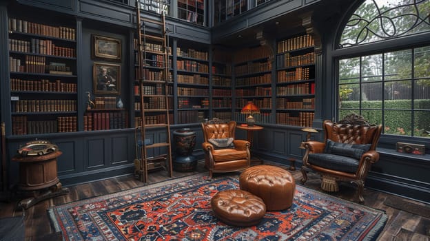 Moody home library with dark shelves, a ladder, and a comfortable leather chair