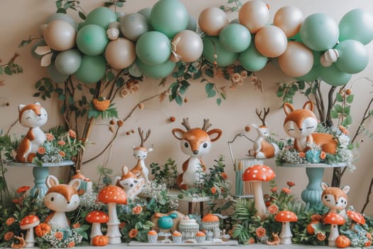 A table with a bunch of stuffed animals and a mushroom.