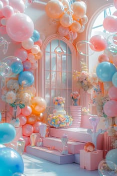 A room decorated with pink, blue, and orange balloons and flowers. The balloons are arranged in a way that creates a sense of movement and playfulness. The flowers add a touch of elegance