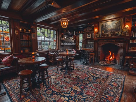 Old English pub with dark wood, cozy fireplaces, and traditional ale taps