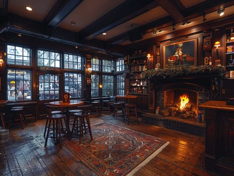 Old English pub with dark wood, cozy fireplaces, and traditional ale taps
