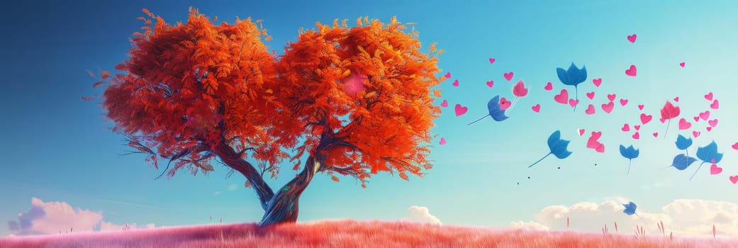 A tree with a heart on it is surrounded by pink flowers and butterflies by AI generated image.