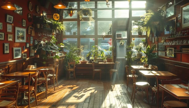 A restaurant with a lot of plants and a lot of chairs by AI generated image.