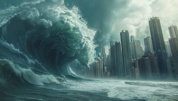 A huge wave is crashing into a city by AI generated image.