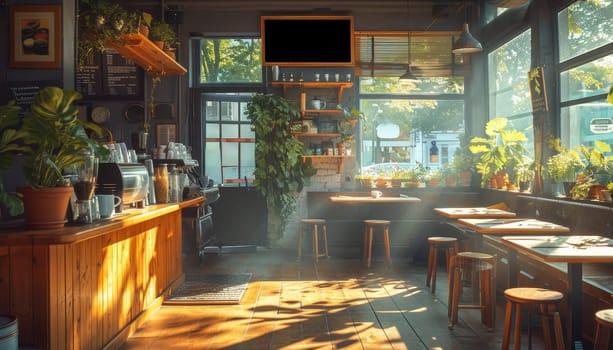 A bright and sunny restaurant with a large potted plant in the corner by AI generated image.