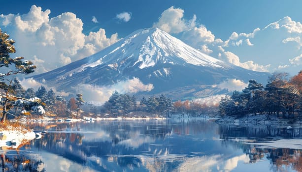 A mountain range with a snow covered peak and a lake in the foreground by AI generated image.